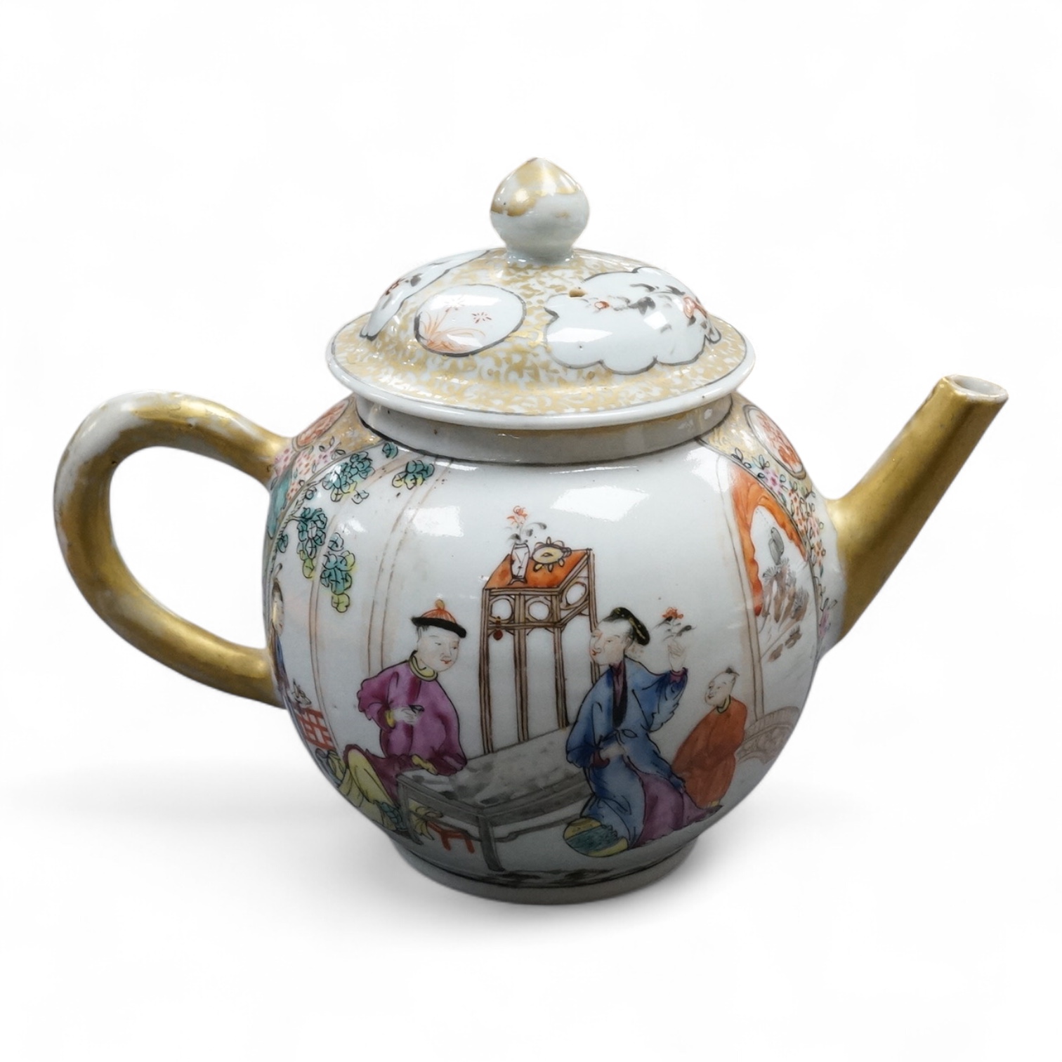 An 18th century Chinese export famille rose ‘mandarin’ teapot, 15cm high